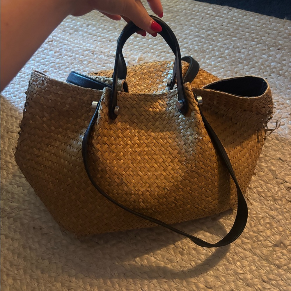 All Saints Woven Straw Tote Bag with Black Handles